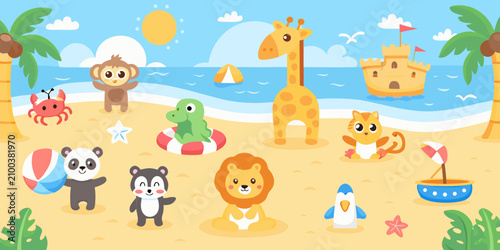 Photography Cartoon illustration of beach scene with animals and seaside elements