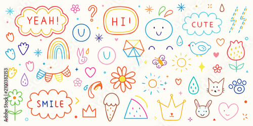 Tableau sur toile Colorful doodle collection with speech bubbles and floral ornaments