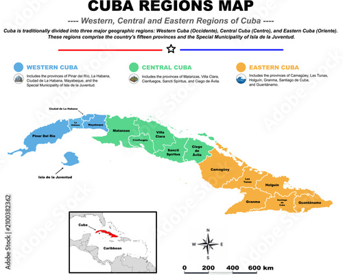 Tableau sur toile Cuba Regions Map Showing Western Central and Eastern Geographic Regions