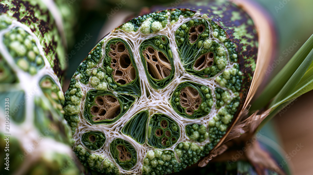 Obraz premium Bamboo culm interior cross-section reveals vascular bundles distributed through parenchyma tissue, each bundle containing xylem vessels and phloem sieve tubes embedded in sclerenchyma fiber sheaths,