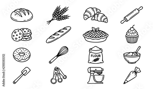 Bakery Food Line Icon Pack with Bread Croissant Wheat and Cookies Vector