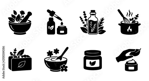 Herbal Skincare Icons, Natural Beauty Ingredients, Organic Cosmetics, Spa Treatment Vector Set