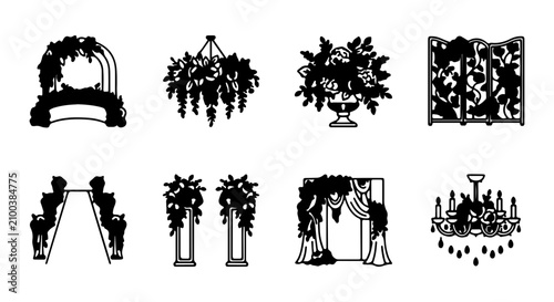 Fotografie Elegant Floral Wedding Decor Vector Elements, Romantic Archways, Chandeliers, an