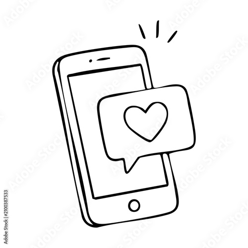 Handdrawn phone with heart message. Quirky business illustration of mobile love notification.