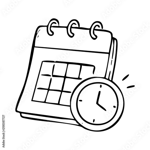 Handdrawn calendar with clock. Business schedule illustration.