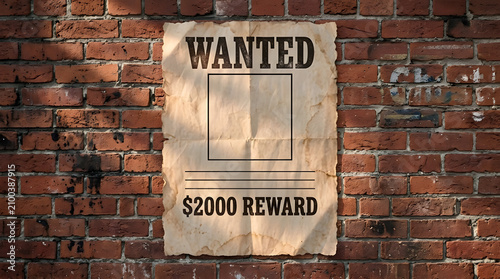 Vintage Wanted Poster with $2000 Reward on Red Brick Wall
