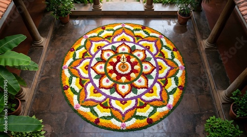 A vibrant floral mandala design on a stone floor surrounded by potted plants