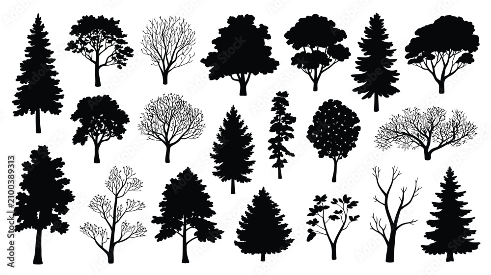 Fototapeta premium Set of various trees silhouette vector illustrations including pine oak fir and bare branches isolated on plain white background
