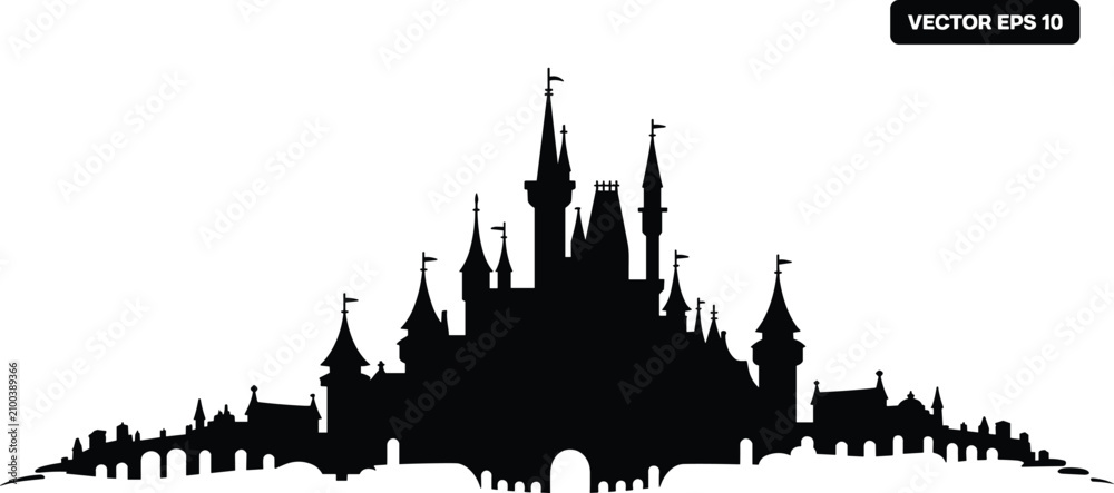 Fototapeta premium Black Silhouette of a Fairytale Castle with Towers and Flags white