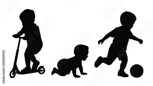Εκτύπωση καμβά Silhouette vector of children in different growth stages playing, featuring a toddler riding a scooter, a crawling baby, and a boy playing soccer