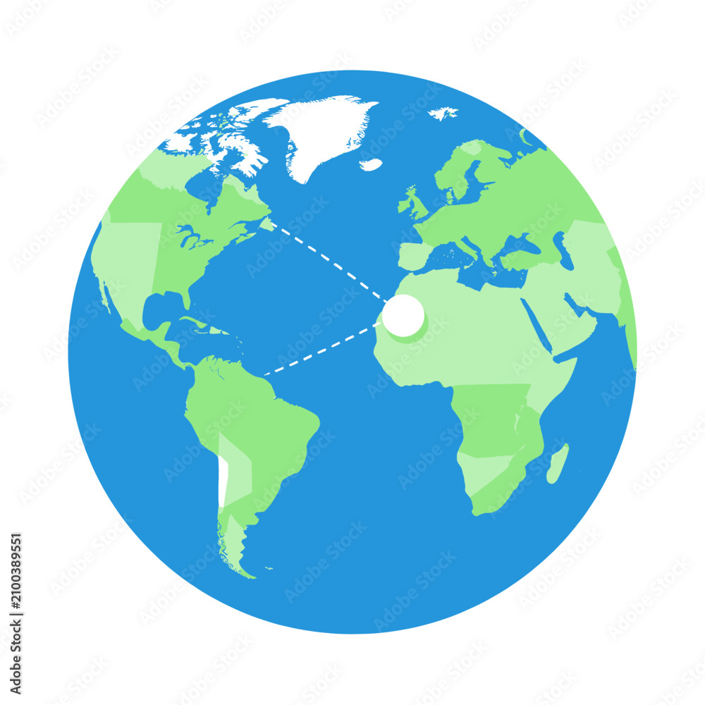 Fototapeta premium Stylized 3D Earth Globe Illustration showing World Map with Low Poly Geometric Continents and a Glowing Point Marker on Africa Connecting to North and South America against White Background