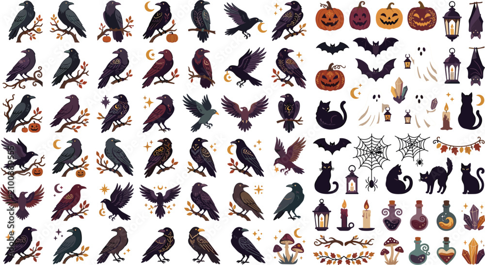 Naklejka premium Set of halloween elements with ravens, pumpkins, cats, ghosts, bats, lanterns, candles, crystals and spider webs