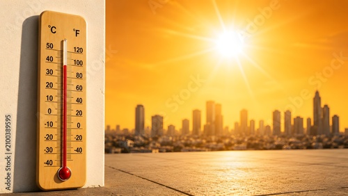 Extreme urban heat wave concept with high temperature thermometer on city skyline background during intense global warming sunset