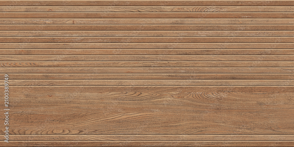 Naklejka premium Modern brown wood slat texture background. Luxury horizontal wooden paneling wall pattern for interior decoration backdrop, natural timber surface, architecture material, and copy space.