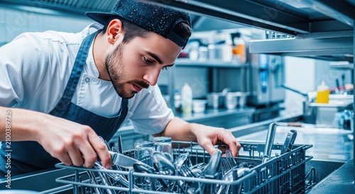 Professional Male Chef Organizing Stainless Steel Cutlery in a Commercial Kitchen