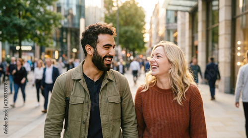 Happy multicultural friends walking through a modern city street at golden hour, smiling and enjoying conversation. Urban lifestyle, friendship, diversity, travel, and positive social connection.