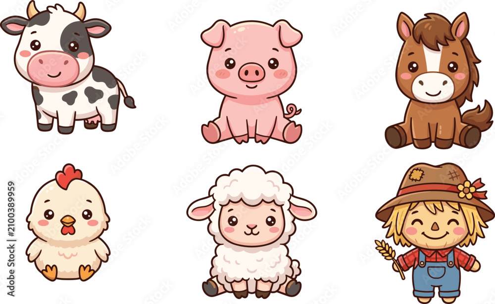 Fototapeta premium Cartoon vector illustrations of cute farm animals including cow, pig, horse, chicken, sheep, and scarecrow