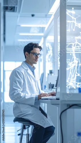 Male scientist in white lab coat working at computer with digital network overlay, pharmaceutical research, chemical laboratory analysis, data science