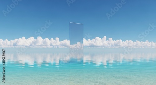 Conceptual Surreal Mirror Monolith Standing in Calm Crystal Tropical Waters Under a Bright Blue Sky with Fluffy White Clouds