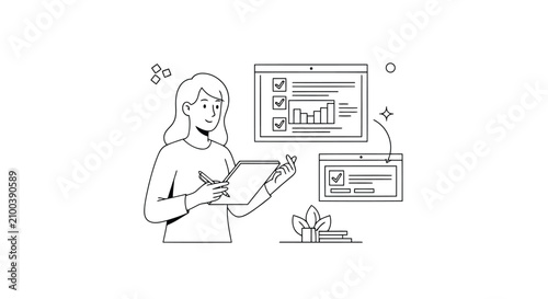 Vector art of woman analyzing data on laptop with checklists and charts illustrated