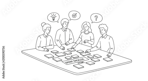 Vector art of team collaborating on project planning with puzzle pieces and question marks