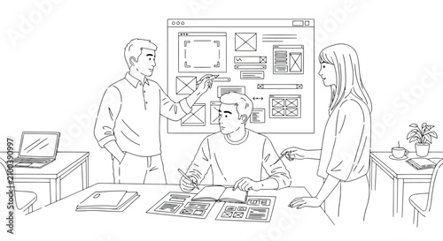 Vector art of team collaborating on web design project with sketches and digital tools in office