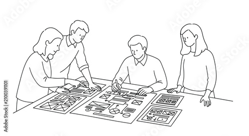 Vector art of group of people collaborating over maps and documents on large table