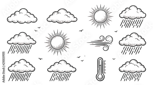 Foto Vintage weather icons set, hand drawn sketch style meteorology symbols, black an
