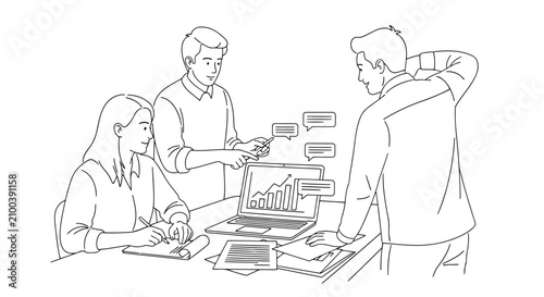Vector art of team collaborating on project with charts and data analysis in office setting