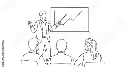 Vector art of business presentation with speaker addressing audience using graphs and pointer