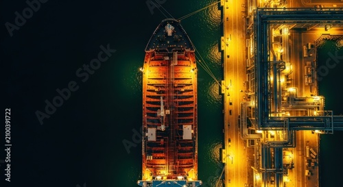 Aerial View of an Industrial Cargo Ship Docked at a Port Facility Illuminated During the Night