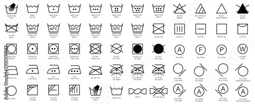 Set of washing symbol, laundry care icons, clothing care tags and safety warning labels, fabric care label icons vector illustration.