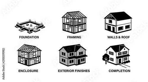 House Construction Stages: Foundation to Completion - Vector Icons