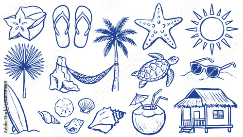 Fotografía Tropical beach illustration with sand dollar palm hammock starfish sun surfboard