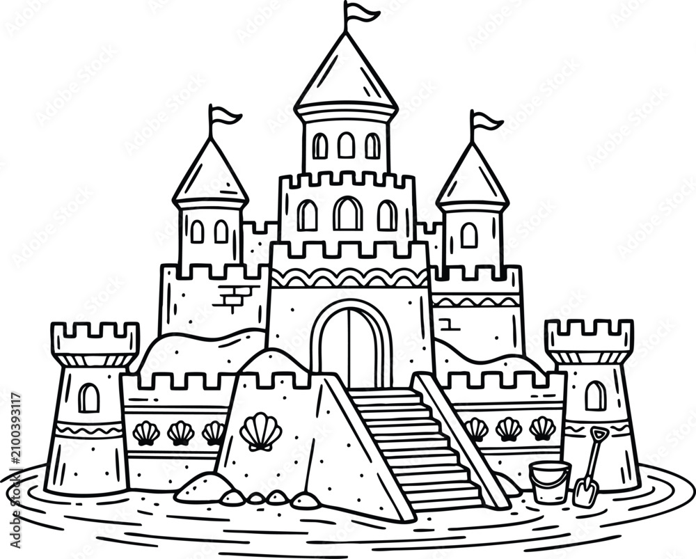Naklejka premium Detailed sandcastle illustration with flags and seashells