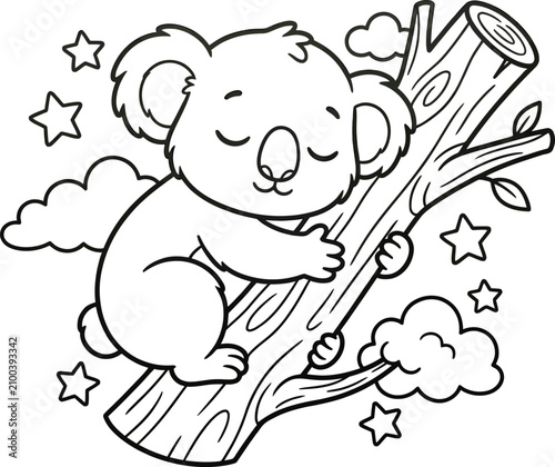 Photography Cute koala sleeping on branch coloring page for kids and toddlers
