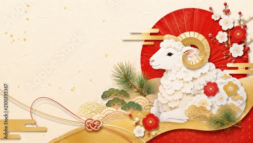 赤い日の丸と梅をあしらった未年の羊の和風年賀状デザイン