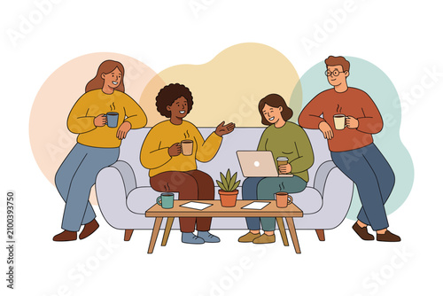 Diverse group of friends enjoying coffee and conversation on a couch