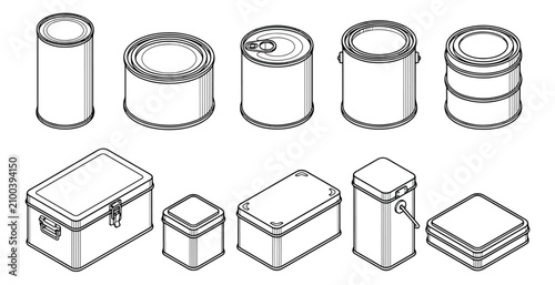 Bild auf Leinwand Isometric metal tin can set, 10 black and white line art container icons, indust