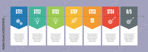Creative vertical chevron banner process infographic template featuring seven colored tags in horizontal sequence perfect for company workflow presentation