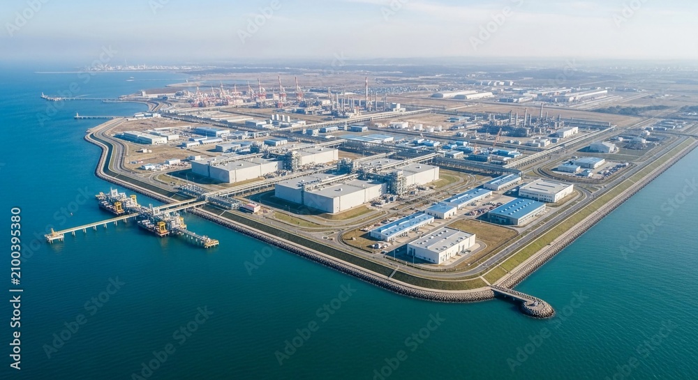 Obraz premium Expansive industrial port complex with large warehouses and manufacturing facilities situated along the waterfront.