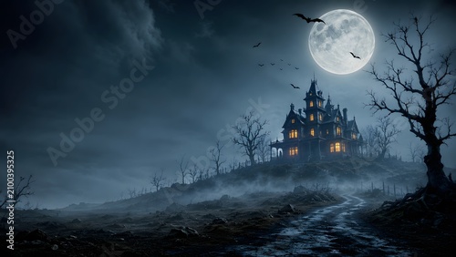 Spooky halloween night background with haunted house full moon and bats