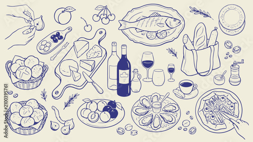 European feast illustration with bread cheese oysters fish pasta fruit and wine in line art