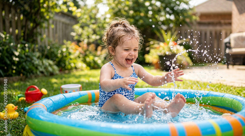 Happy toddler girl splashing in an inflatable kiddie pool on a very hot day