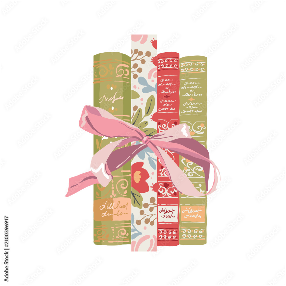 Fototapeta premium Bookshelf. Colorful book spines tied with a whimsical bow. Flat-style vector illustration with a book theme. Girly-style clipart celebrating knowledge and reading. Book club. Pastel tones.