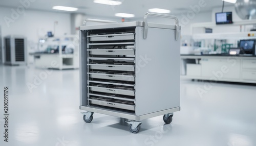 Medium shot of a mobile wafer cassette cabinet on wheels highlighting ease of transport and flexible storage solutions in a hightech manufacturing area.