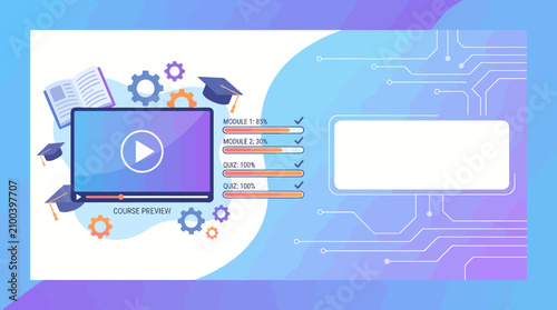online course preview on laptop with education icons and progress bars for elearning