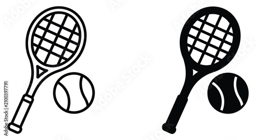Photography Tennis Racket Icon set, minimalist outline racket symbols