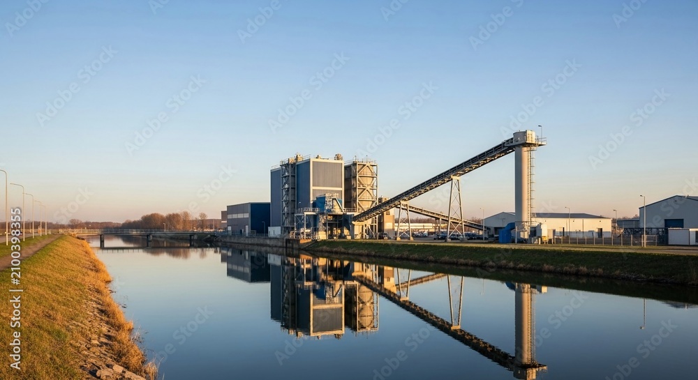 Fototapeta premium Modern industrial waste-to-energy plant beside a calm waterway, reflecting in the clear blue water under a bright sky.