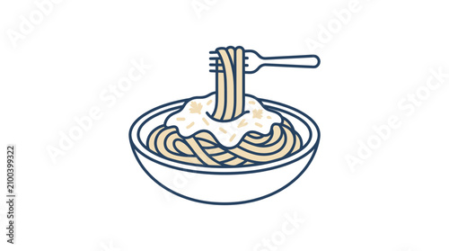 Spaghetti with white sauce on fork.
